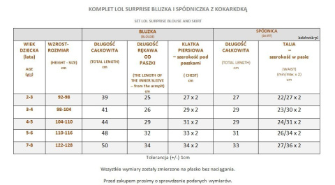 Komplet LOL JEDNOROŻEC bluzka i spódniczka z kokardką Komplet LOL JEDNOROŻEC bluzka i spódniczka z kokardką