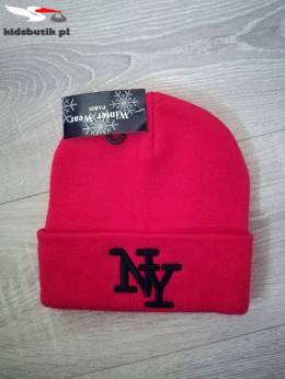 Zimowa, czerwona czapka NY haft