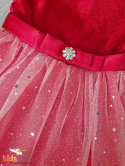 Welurowa sukienka OMBRE z tiulem i kwiatem - czerwona