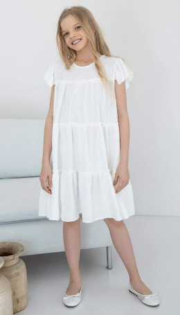 Elegant trapezoidal dress with frills - white