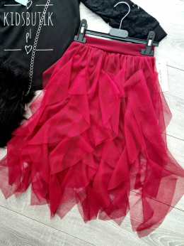Asymmetrical, cascading tulle skirt - burgundy