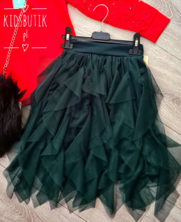 Asymmetrical, cascading tulle skirt - bottle green