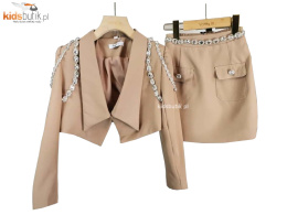 Elegant suit with skirt and chains - beige
