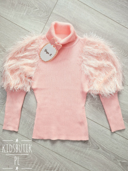 Ribbed turtleneck with fringes on the sleeves - powder pink
