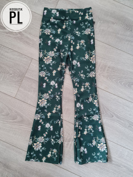 Flared fabric trousers with flowers - bottle green