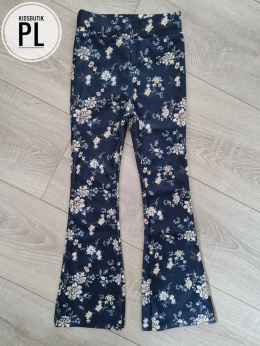 Flared fabric trousers with flowers - navy blue