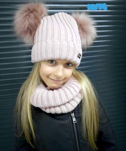 Winter set hat and neck warmer with 2 POMPOMS-powder pink