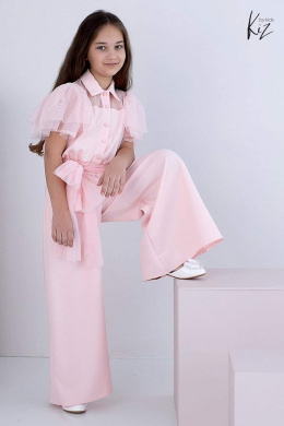 Elegant jumpsuit with tulle sleeves and belt included - rose powder