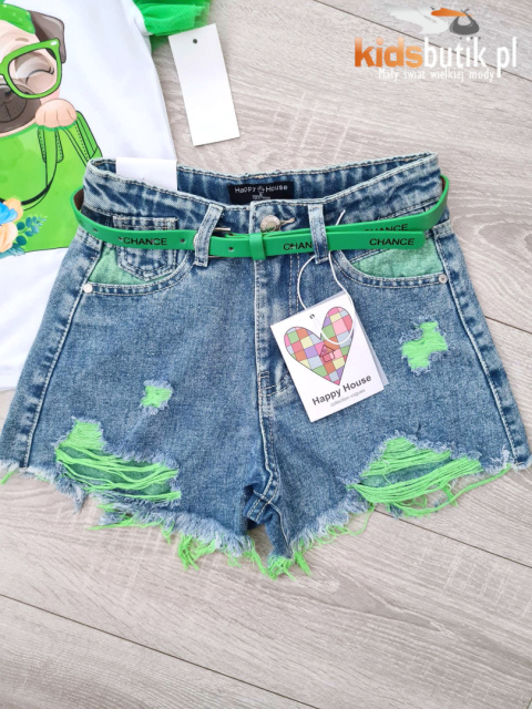 Spodenki jeansowe z limonkowymi rozdarciami i paskiem w komplecie Spodenki jeansowe z limonkowymi rozdarciami i paskiem w komplecie