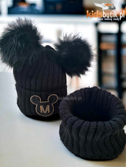 Zimowy zestaw Myszka: czapka z 2 pomponami i komin - czarny