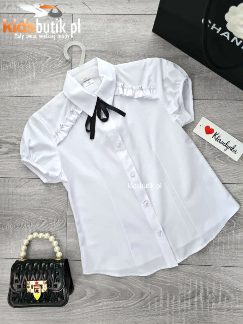 Elegancka koszula z perełkami, falbanką i zdejmowaną tasiemką Elegancka koszula z perełkami, falbanką i zdejmowaną tasiemką